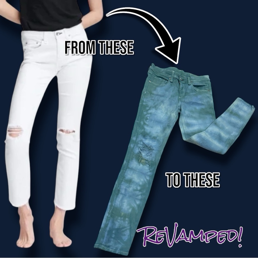NWOT Originally White Distressed Skinny Jeans Now Teal Marbled. Size 27